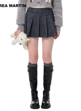 ANDREA MARTIN秋冬新款灰色半身裙女PU皮高腰显瘦女百褶短裙