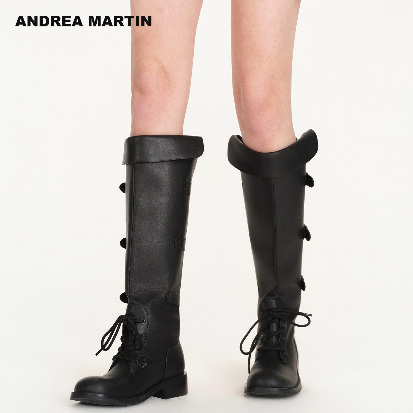 【徐若晗同款】ANDREA MARTIN2026春新款复古扣绑带厚底高筒靴子