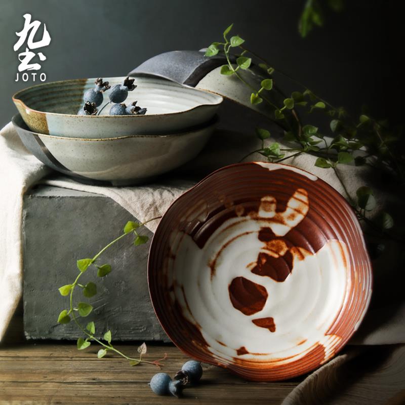 九土粗陶日式餐碗盘家用米饭碗面碗加厚土碗情侣碗凉菜果盘可微波