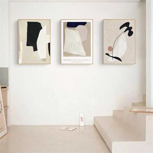 浅淡的风侘寂风客厅装饰画双联沙发背景墙挂画原木风抽象壁画米色