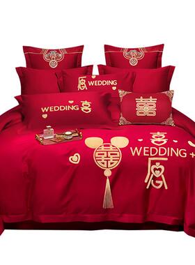 端结喜婚庆四件毛巾绣高级感红色被套床1101单新婚房婚庆陪嫁套床