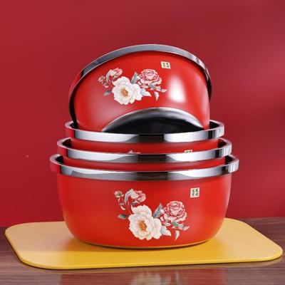 304不钢厨盆红色盆304钢花结婚碗公房洗菜盆婚庆洗脸盆喜备锈婚乔
