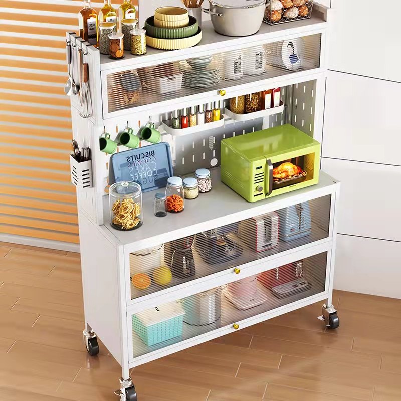 洞洞板厨房储物柜落地置物架多层家用多功能带门微波炉烤箱收纳架