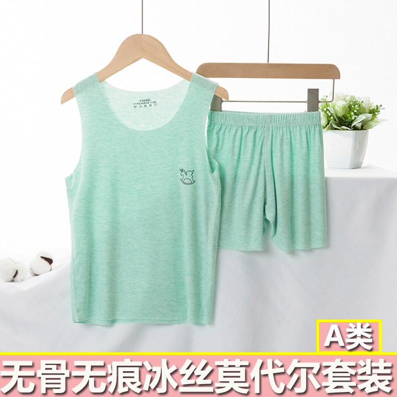 热销儿童睡衣夏季薄款男童无痕冰丝E莫代尔背心套装中小童宝宝童