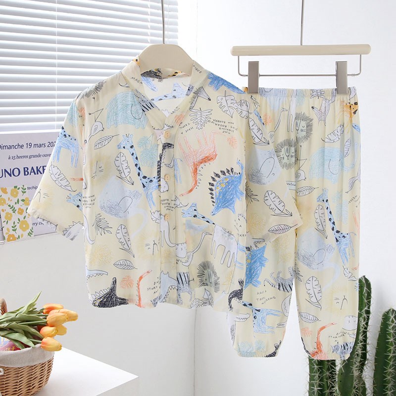热销儿童棉绸睡衣夏季空调家居z服男孩女宝冰感七分袖长裤防蚊裤
