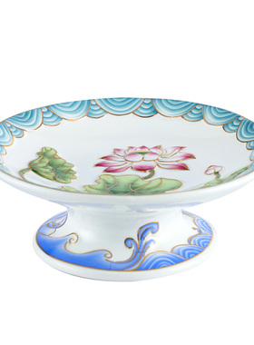 热销彩绘b浮雕莲花佛具套装家用佛堂供奉圣水杯水果盘陶瓷香炉花