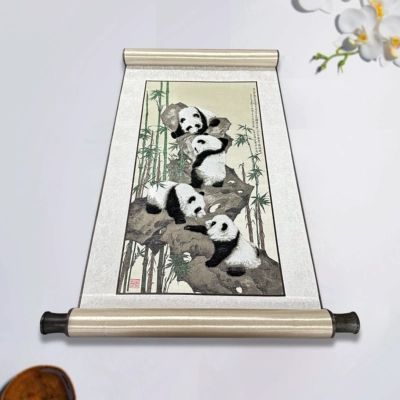 蜀锦熊猫卷轴挂画蜀绣真丝中国风特色礼物伴手礼工艺品送老外出国
