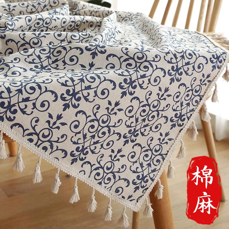 餐桌布棉麻加厚小碎花文艺覆古茶几桌布野餐露营青花瓷流苏高级感