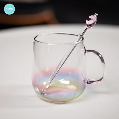 PHIPHY彩虹玻璃水杯简约牛奶早餐杯带把手茶杯果汁杯带搅拌棒家用