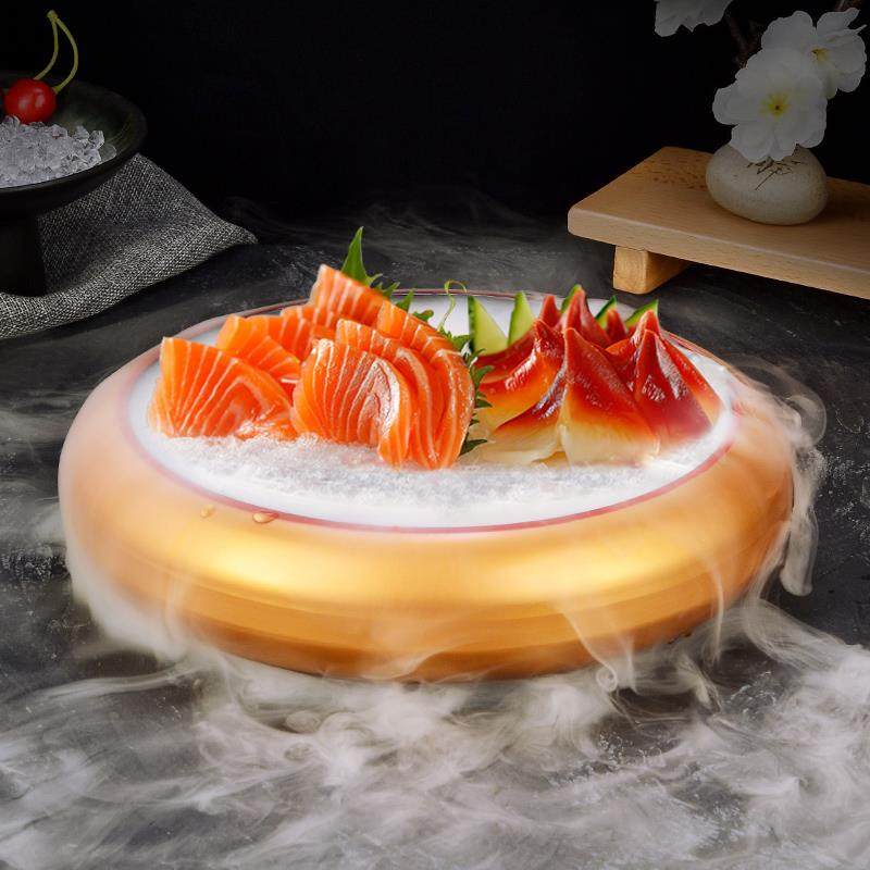 日式圆形鱼生冰板刺身冰盘刺身盘鼓型寿司桶高档冰盘碟三文鱼盘子