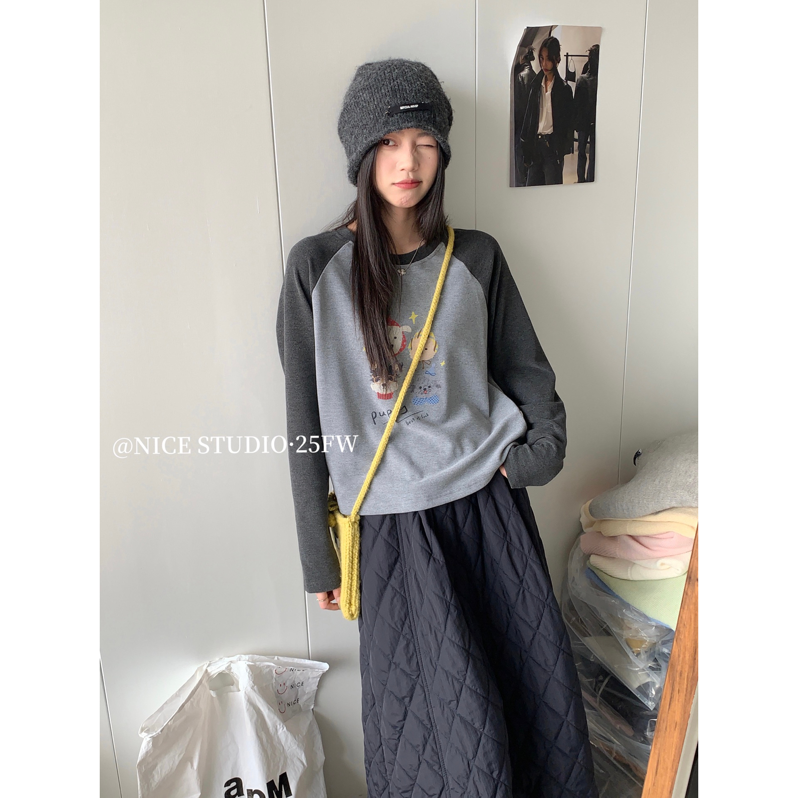 【奶思家NICE STUDI】冬季撞色圆领卡通插肩打底加厚长袖T恤08772