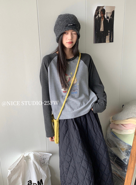 【奶思家NICE STUDI】冬季撞色圆领卡通插肩打底加厚长袖T恤08772
