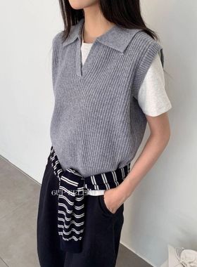 【6-UP】现货！秋韩系全羊毛翻领毛衣女背心马甲毛织上衣50391