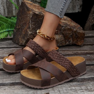 sandals欧美新款 平底厚底一字交叉编织凉鞋 woven Summerplatform