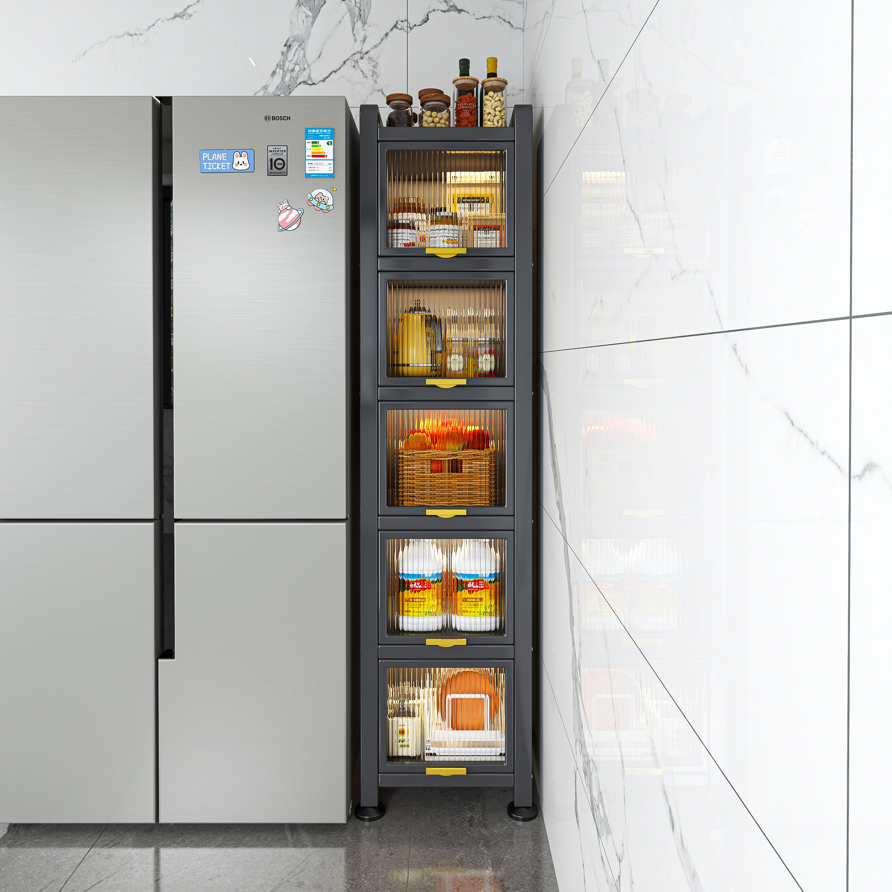 厨房置物架多功能冰箱窄缝收纳柜落地多层锅具碗筷调料防尘储物柜,厨房/烹饪用具,厨房置物架/置物柜/角架,淘宝优惠券,粉丝福利购,淘宝优惠卷