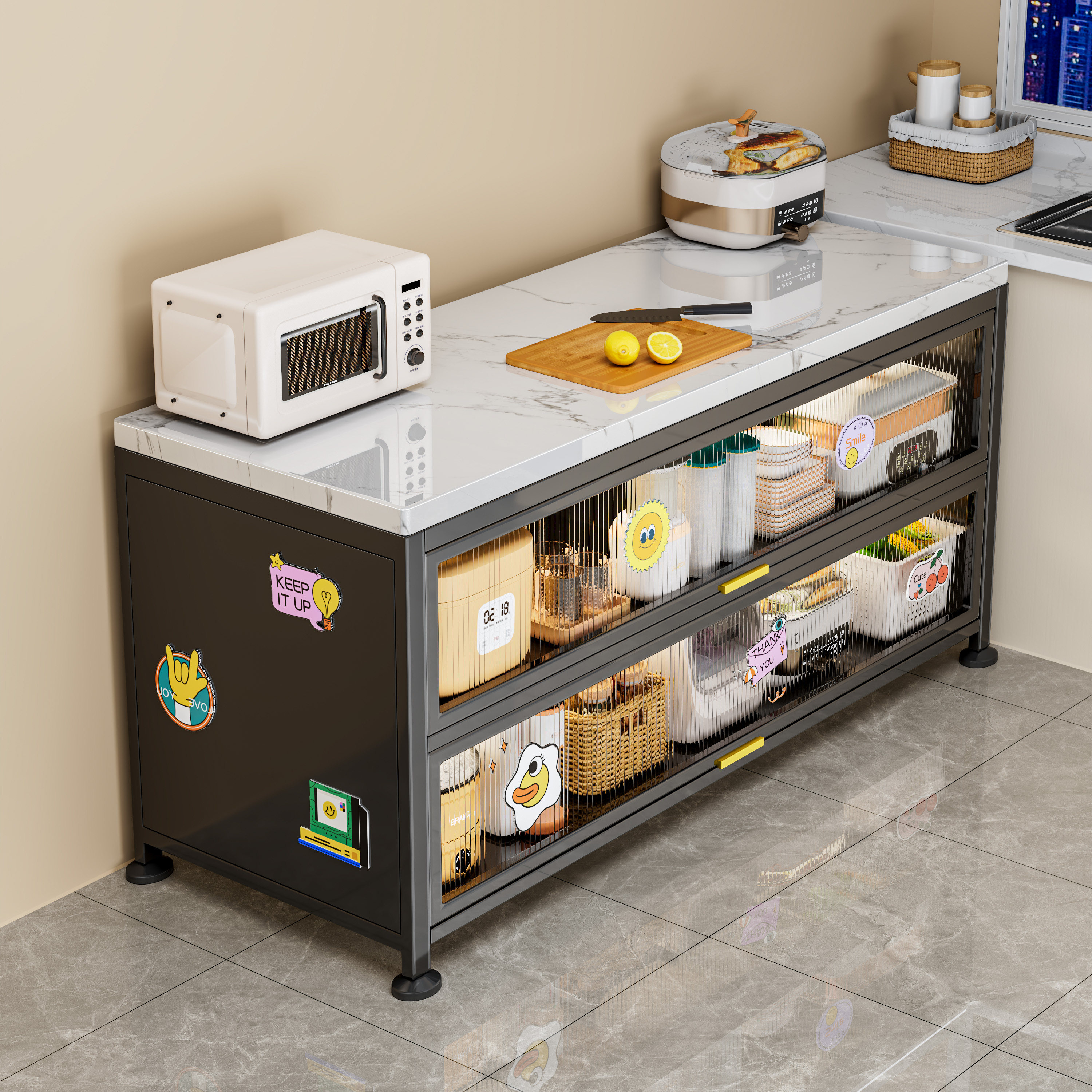 厨房置物架落地多层岩板餐边柜多功能微波炉烤箱防尘收纳柜橱柜,厨房/烹饪用具,微波炉置物架,淘宝优惠券,粉丝福利购,淘宝优惠卷