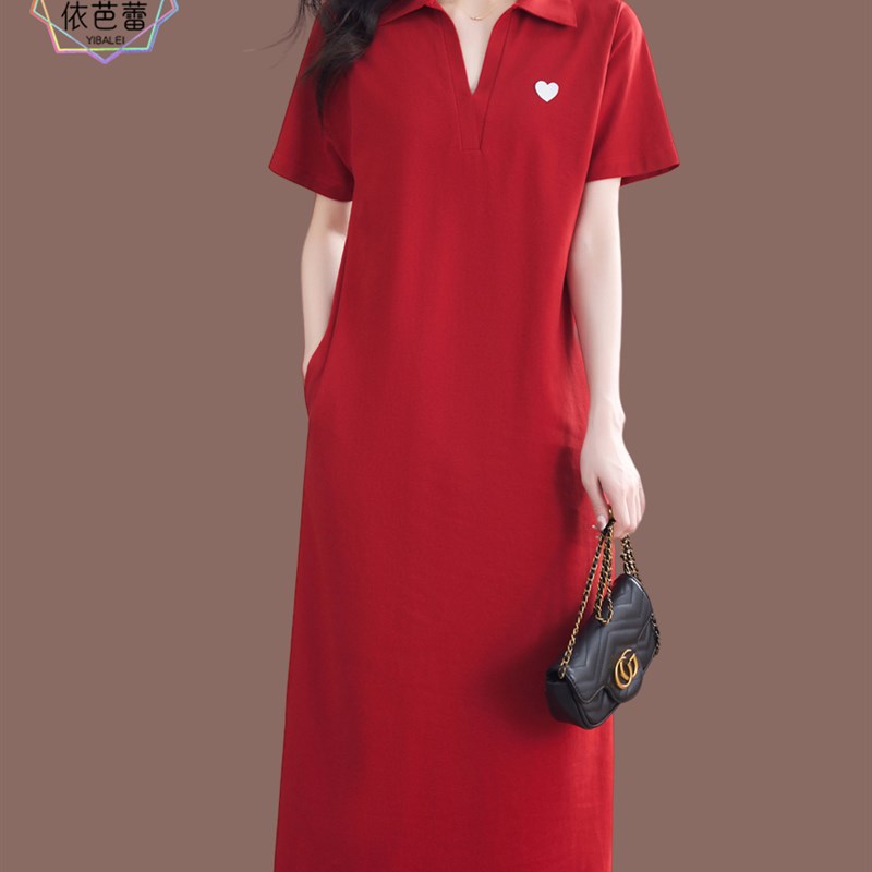 夏季纯棉绸连衣裙女宽松翻领短袖t恤中年妈妈长款过膝条纹针织裙