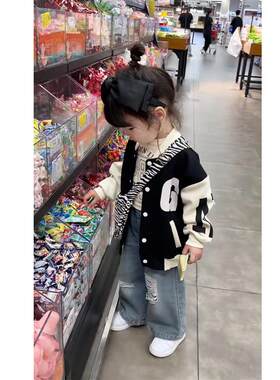 极速女童2023春秋新款破洞牛仔裤时髦洋派韩版潮流高腰宽裤子