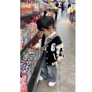 极速女童2023春秋新款破洞牛仔裤时髦洋派韩版潮流高腰宽裤子