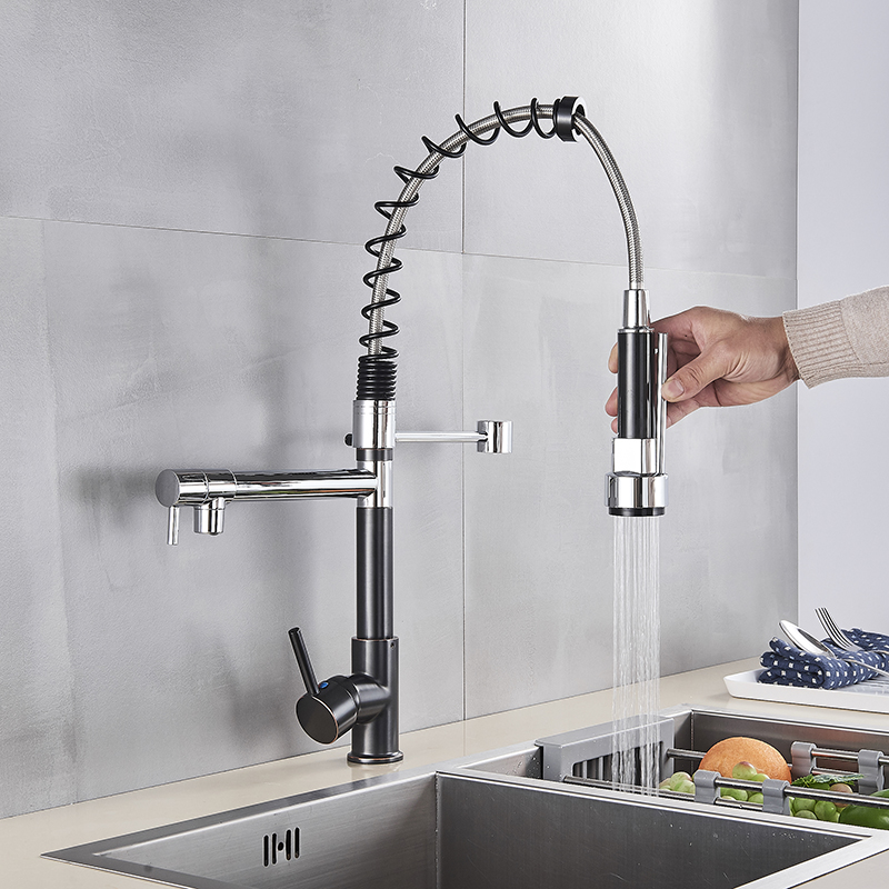 Black and Chrome Spring Pull Down Kitchen Sink Faucet Hot