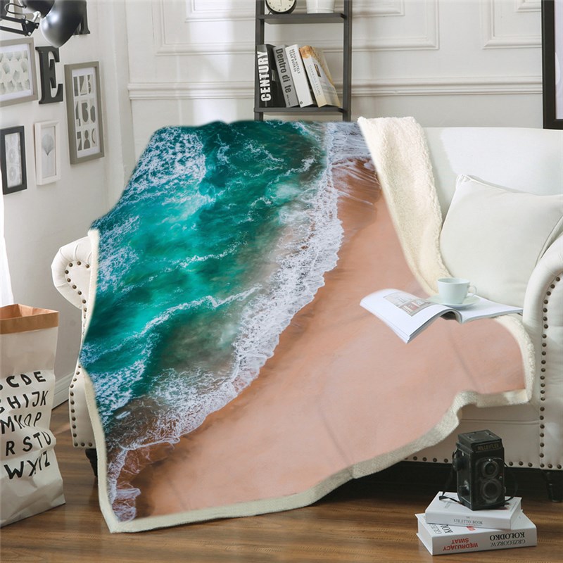 Sea Shore Throw Blanket Blue Sky Scenery Sherpa Fleece
