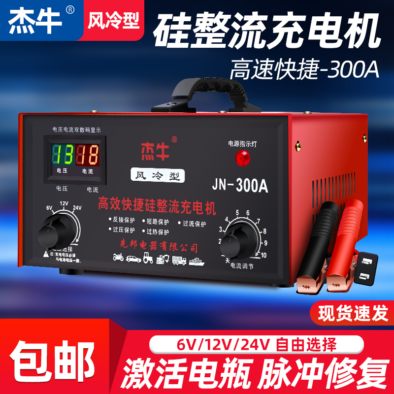 纯铜汽车电瓶充电器大功率货车叉车充电机6v12v24v智能通用300A