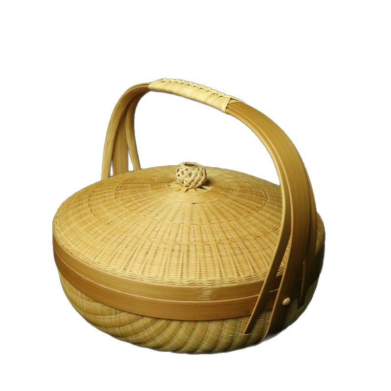 纯手工精编竹制提篮茶具收纳篮子带盖茶饼盒饭篮非物质文化收藏品