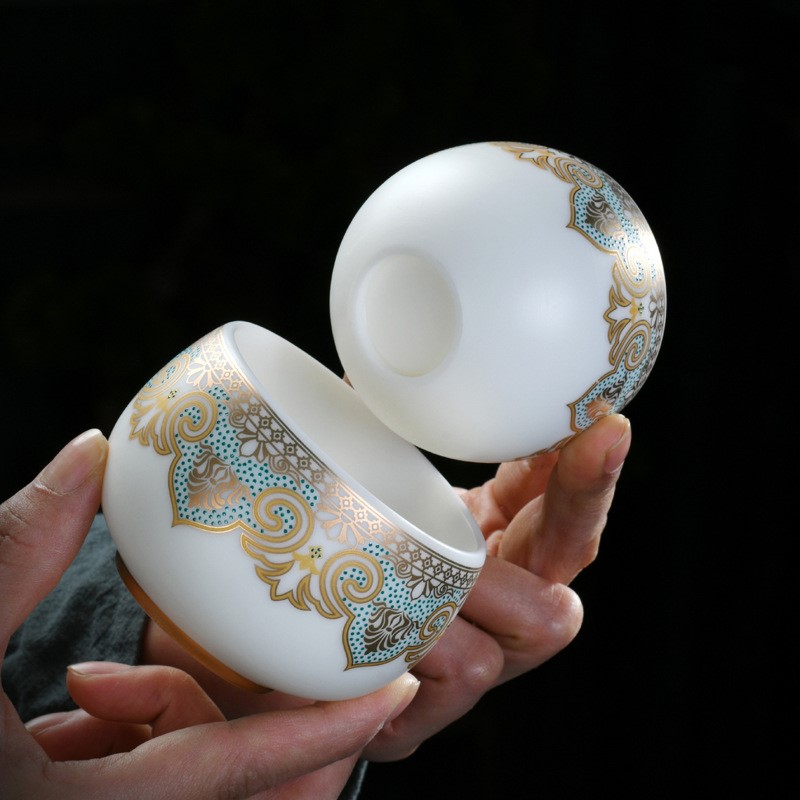 羊脂玉素烧白瓷茶杯单杯主人杯复古个人专用品茗茶盏中式手绘山水