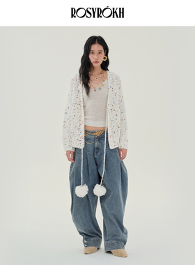 ROSYROKH原创设计25AW小香风金属亮片针织开衫毛球挂饰系带外套女