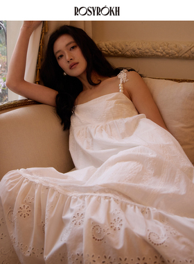 ROSYROKH 绣迹柔光法式绣花肩带珠饰吊带连衣裙女复古小众设计