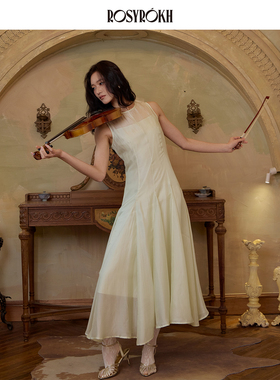 ROSYROKH 褶光诗行法式显瘦气质真丝叠搭无袖连衣裙女绝美长裙