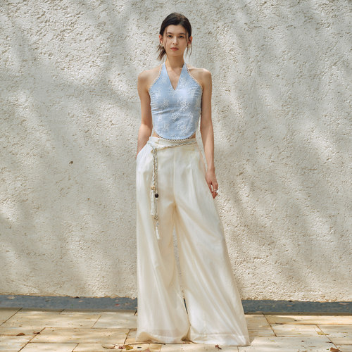 高腰显瘦纱纱双层空气休闲阔腿裤