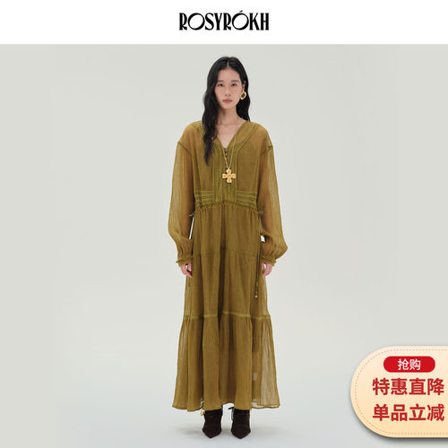 复古纽扣V领绿色收腰长连衣裙女