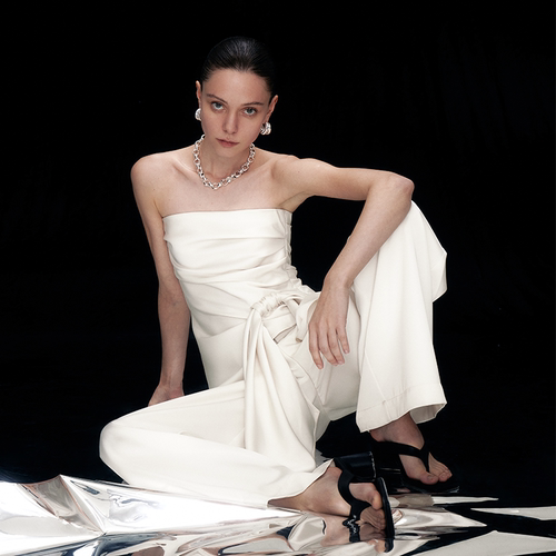 无袖法式设计适中丝带设计缎面女