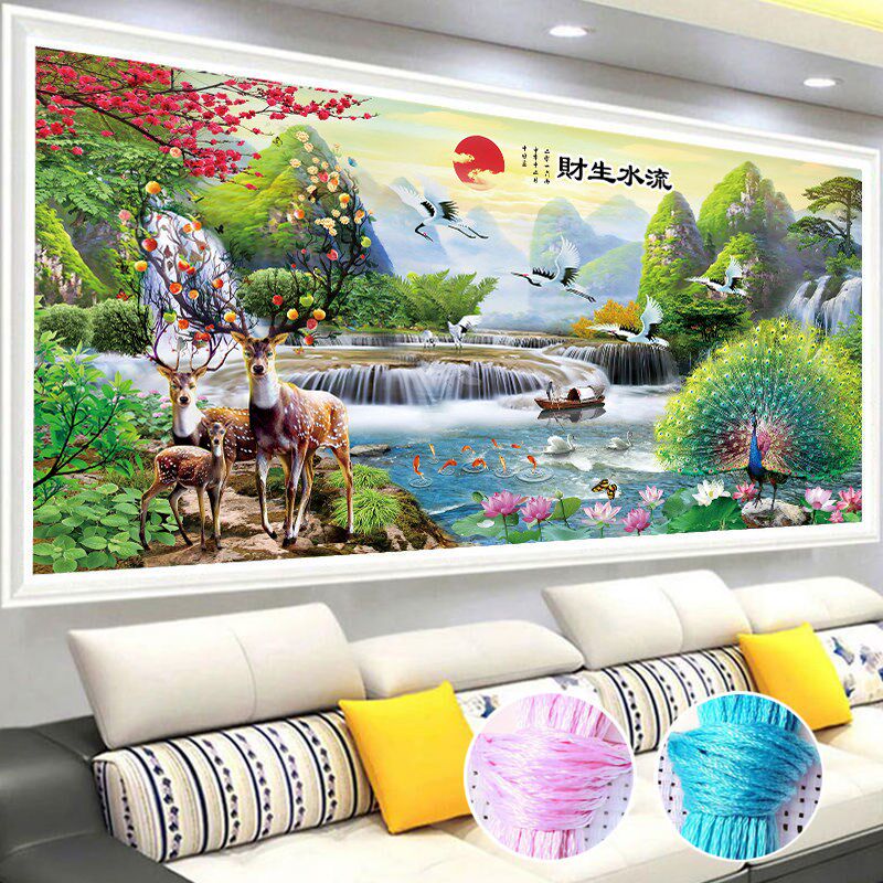 十字绣2024新款流水生财客厅线绣大幅孔雀麋鹿大气山水画手工自绣