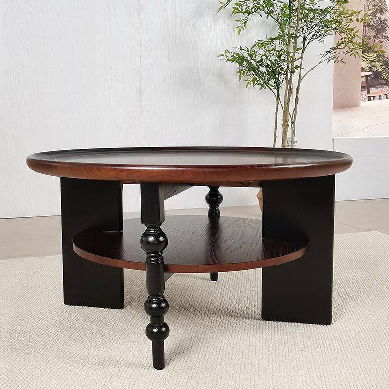 客厅法式复古实木圆形茶几边几小户型家用设计师中古风茶台矮桌子