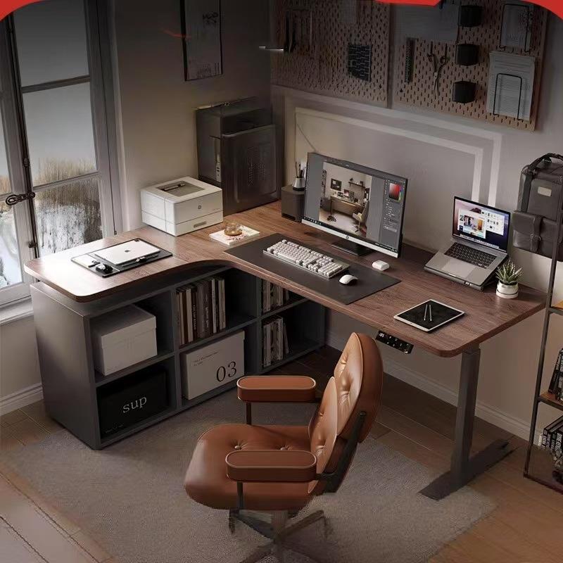 四腿黑胡桃实木转角书桌L型书柜一体电动电脑桌转角升降书桌大板