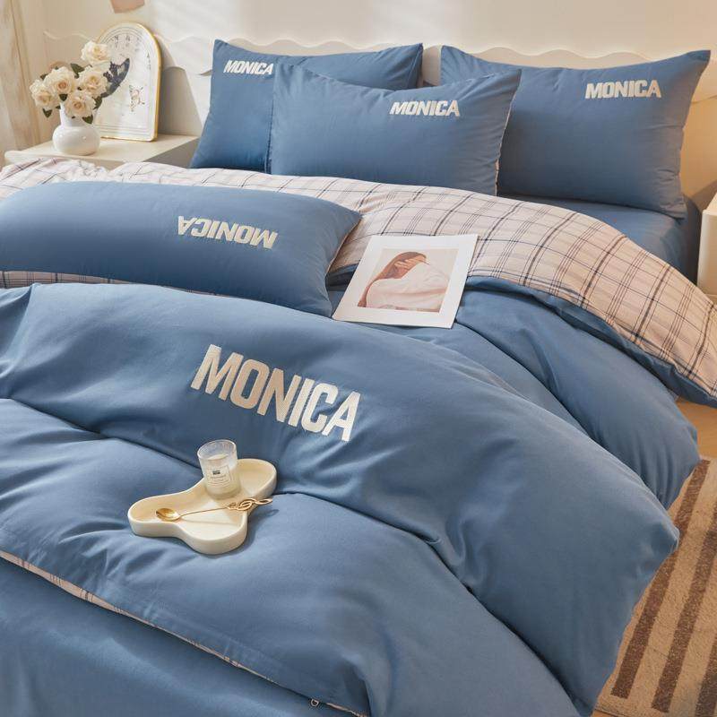 简约高级感水洗棉四件套磨毛刺绣床单被套纯色床笠三件套床上用品