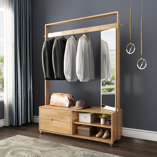 实木衣帽架卧室带柜子加粗加厚挂衣架带镜子一体收纳镜柜旋转