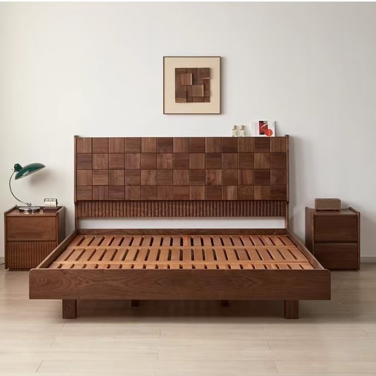 北美黑胡桃木床现代简约日式樱桃木卧室双人床北欧实木方块悬浮床