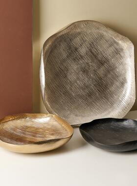 铝制复古新中式金银黑色斜纹不规则圆卷边大托盘果盘摆件饰品