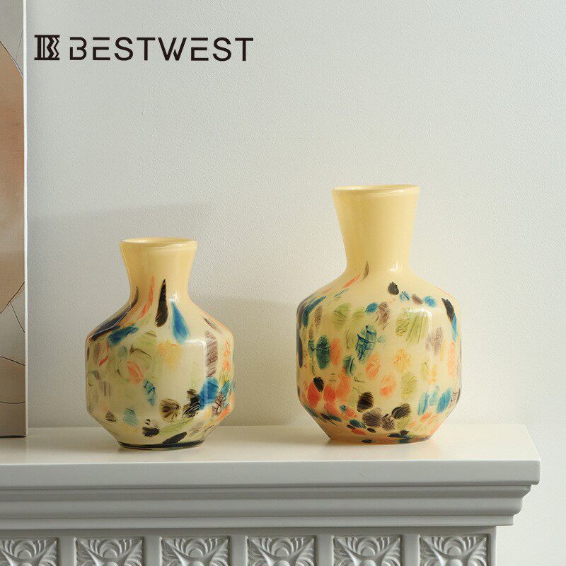 Best west 中古芬顿玉质琥珀玻璃花瓶样板房客厅家居摆件琉璃花器