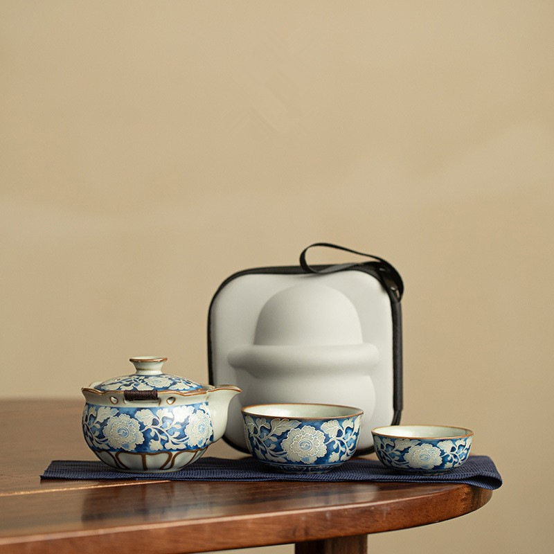 仿宋汝窑元青花宝瓶快客旅行茶具一壶两杯家用户外便携式泡茶壶