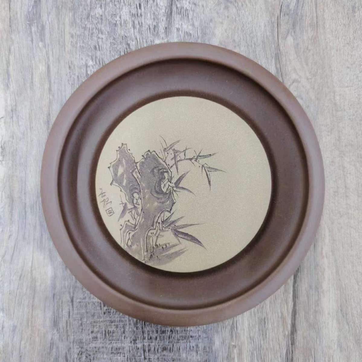 宜兴紫砂原矿壶承干泡台圆形小茶盘单层储水式壶承手工刻绘壶托