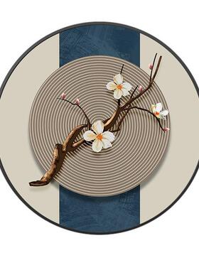 新中式餐厅背景墙挂画入户玄关装饰画书房茶室壁画进门梅花圆形画