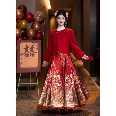 速发新中式国风套装汉服马面裙婚服拜年服红色敬酒服新娘秋冬订婚