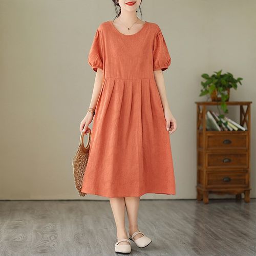 速发文码纯色大艺提花棉麻连衣裙大遮肚宽松气质夏摆中长裙