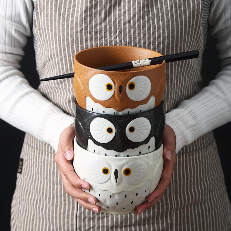 陶瓷碗猫头鹰碗套装米饭碗家用釉下彩餐具日式卡通筷子碗个人专用