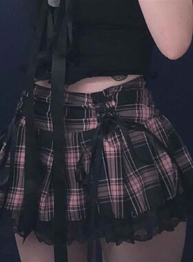 Lace Up Goth Y2K Woman Skirts Pink Stripe Plaid Lace Trim Pl
