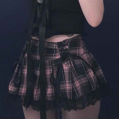 Lace Up Goth Y2K Woman Skirts Pink Stripe Plaid Lace Trim Pl